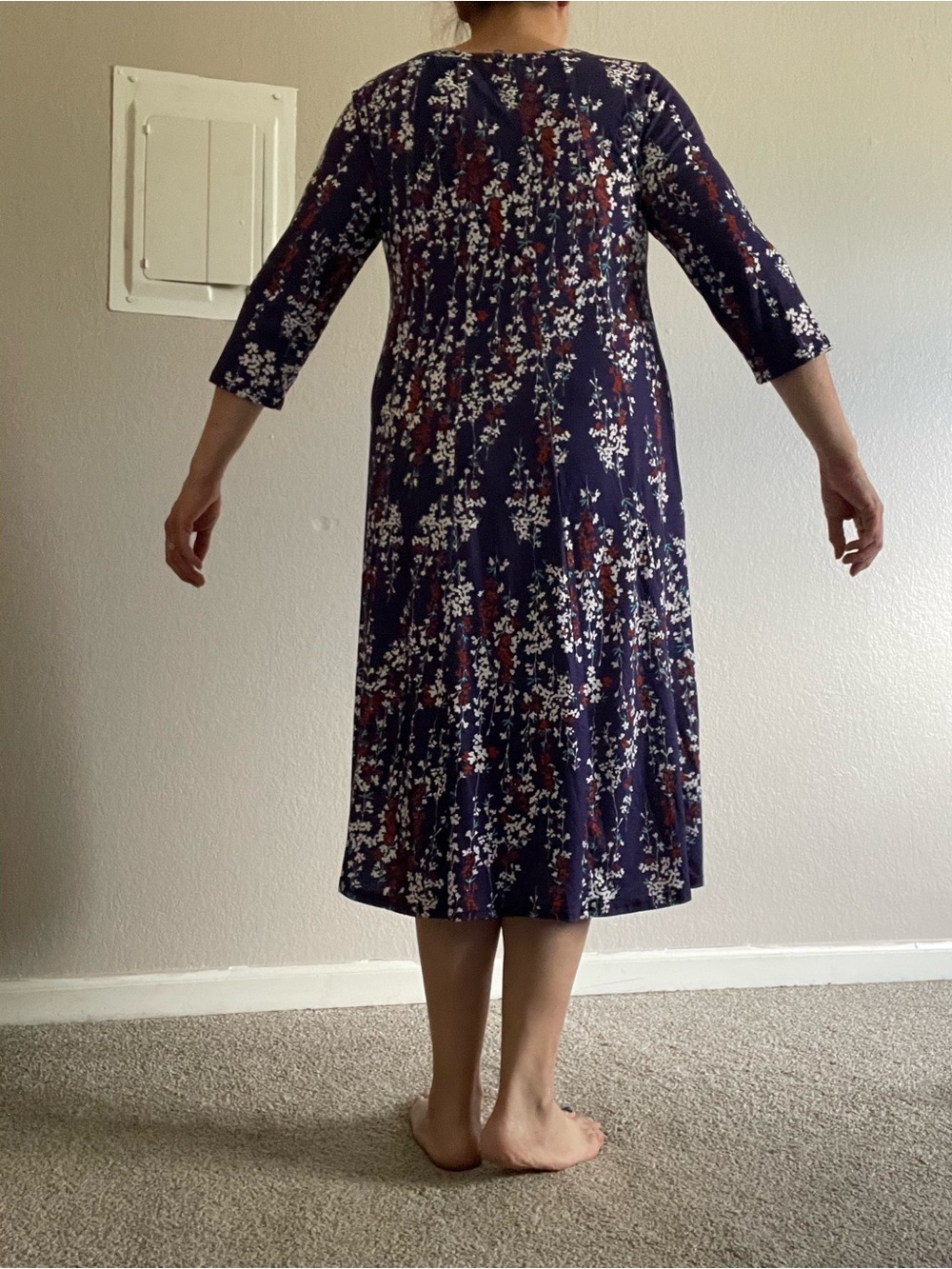 Midi Floral Dress in Navy with Rust and White Accents